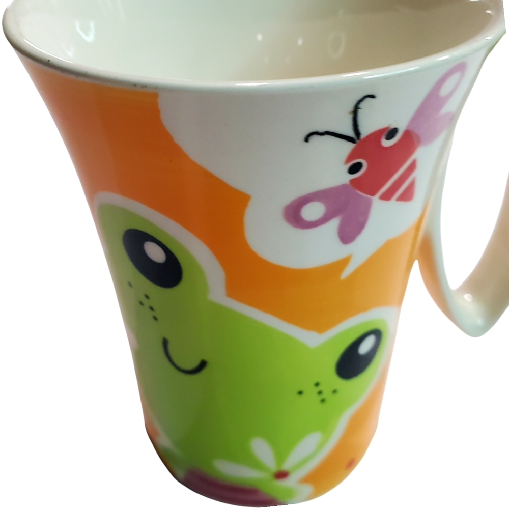 Indra Hand Painted Fine Stoneware 3D Happy Frogs Butterfly Orange Coffee Cup - Picture 2 of 10